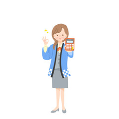 電卓で見積もり金額を表示する法被姿の若い女性