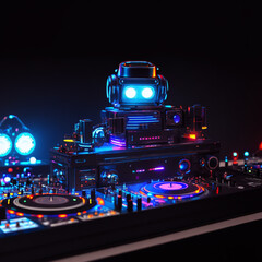 Dj robot at the console with glowing lights on a dark background. AI generated