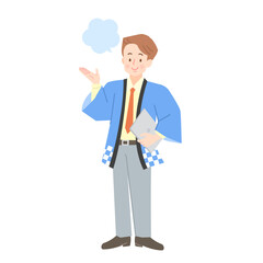 笑顔で案内する法被姿の男性販売員