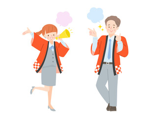 メガホンで呼び込みをする法被姿の男女の販売員