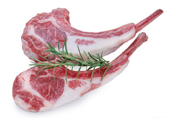 Australian lamb rack cutlets on white background or Raw Frenched Rack 8 Ribsisolate on white with clipping path. © KT Studio