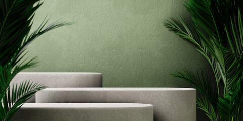 Stone product podium with tropical palm leaf on green wall background. Botanical mockup template...