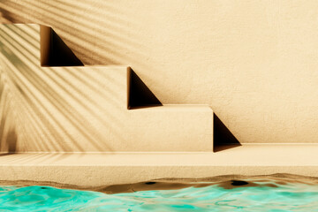 Tropical summer background with concrete wall, pool water and palm leaf shadow. Luxury hotel resort...