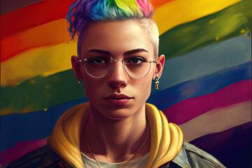 Generative AI illustration of portrait of confident young woman in eyeglasses with colorful dyed hair against rainbow flag background