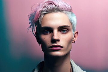 Generative AI illustration of attractive young female model with bright makeup and short dyed hair looking at camera against pink background