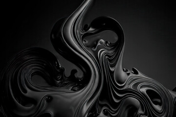 Generative AI illustration abstract background of black liquid oil paint with curved lines forming wavy pattern