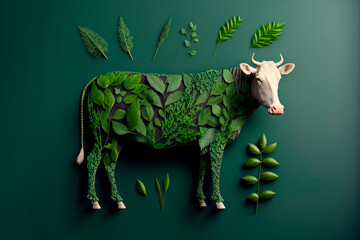 Generative AI illustration of domestic cow made of leaves on dark green background concept of vegetarianism