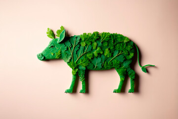 Generative AI illustration of pig made of greenery and herbs placed on pink background no meat and healthy food concept