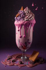Generative AI illustration of glass of delicious cold cocktail with ice cream served on black background in studio