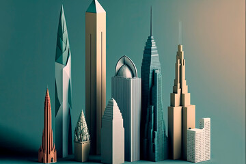 Generative AI illustration of different modern tall skyscrapers placed together in downtown against green background