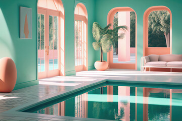Generative AI image of interior design of modern apartment with swimming pool during summer time