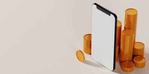 smartphone blank display with credit card,gold coins on Isolate white background finance and trading.Shopping mobile app,Cashback and banking,money-saving.Mock up copy space.3D rendering illustration.