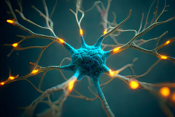 Generative AI illustration of neuronal network with electrical activity of neuron cells against green background neuroscience and neurology concept