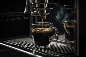 Espresso machine pours fresh black coffee closeup