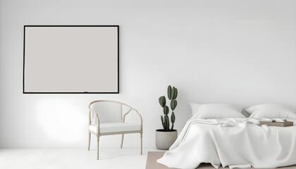 Creative mockup concept. Empty clear wall with photo frame on white wall and bed. bedroom. Mock up frame for display or montage of product or design. copy space, Generative AI