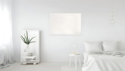 Fototapeta na wymiar Creative mockup concept. Empty clear wall with photo frame on white wall and bed. bedroom. Mock up frame for display or montage of product or design. copy space, Generative AI