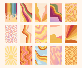 Groovy retro backgrounds pack, 70s nostalgia and positive vibes, bright vibrating texture in retro style, sunny sky with rainbow, waves patterns, vector illustrations