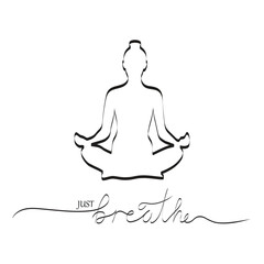 Just Breath Brush Calligraphy, banner or poster with woman silhouette in meditation yoga . Vector illustration