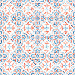 Seamless watercolor pattern. Blue and orange paints on a white background. Cute summer and spring print. Floor tile ornament. Handmade. - 589099129