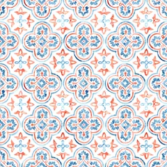 Behang Portugese tegeltjes Seamless watercolor pattern. Blue and orange paints on a white background. Cute summer and spring print. Floor tile ornament. Handmade.