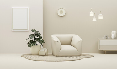 Cream room wall mock up in warm tones with armchair and decoration minimal.3d rendering
