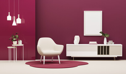 Livingroom in trend viva magenta wall background mockup with chair , poster mockup frame, clock, furniture and decor.3d render
