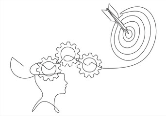 Goal, Target, Aim, Focus Line Icon. Objective-Focused Human Head Linear Pictogram. Mental Concentration Outline Sign. Intellectual Process Symbol. Editable Stroke.Single one line