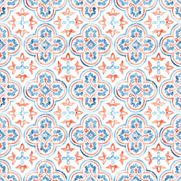Seamless watercolor pattern. Blue and orange paints on a white background. Cute summer and spring print. Floor tile ornament. Handmade.