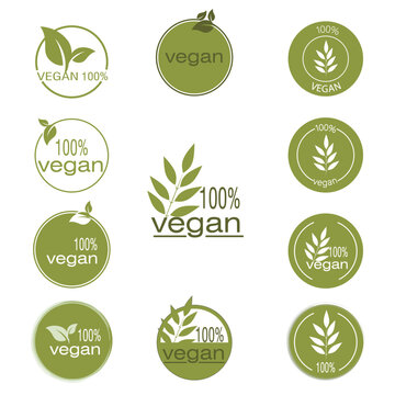 set of green eco icons, 100% vegan words, healthy life designs for logos, sticker, menus, banners or posters prints. 