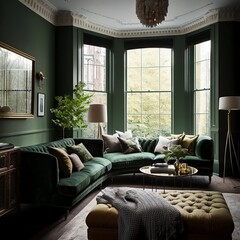 modern living room, contemporary living room, green living room, AI generated image, Bay window, moody living room