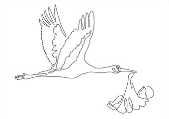 Pregnancy concept. Hand drawn stork in flight delivering a newborn baby. Symbol of newborn child isolated vector illustration.Continuous one line