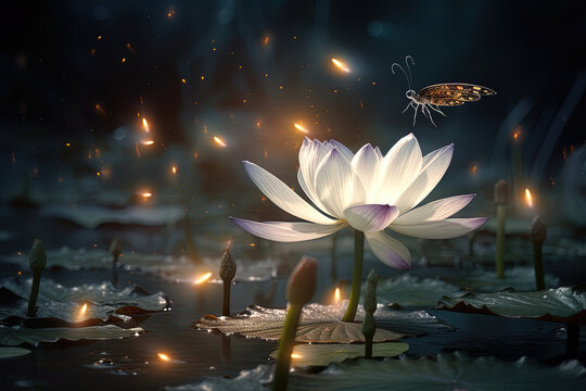 Creative floral composition. Close-up with lotus flower and butterfly in a fantasy world