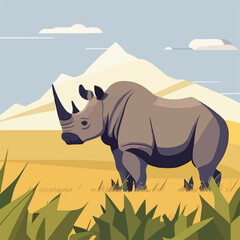 Black rhinoceros in the grasslands. Threatened or endangered species animals. Flat vector illustration concept. Generative AI