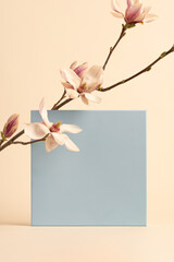 Flowers composition. A magnolia branch on a beige background and a blue frame. Beauty and fashion concept mock up. Flat lay, top view, copy space. 
