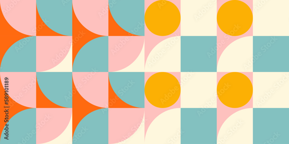 Poster Retro geometric aesthetics. Bauhaus and avant-garde inspired vector background with abstract simple shapes like circle, square, semi circle. Colorful pattern in nostalgic pastel colors.