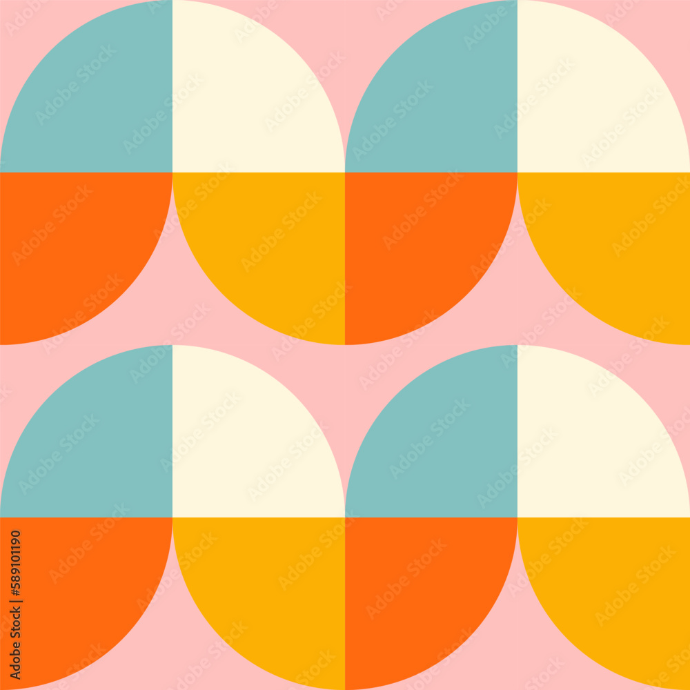 Poster Retro geometric aesthetics. Bauhaus and avant-garde inspired vector background with abstract simple shapes like circle, square, semi circle. Colorful pattern in nostalgic pastel colors.