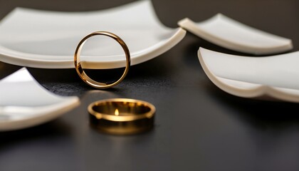 Two golden wedding ring lies between broken plates / shards. The image symbolizes the separation or divorce. Space for text.