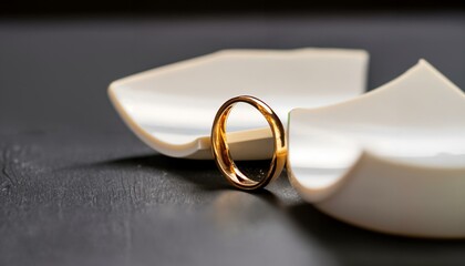 A golden wedding ring lies between broken plates / shards. The image symbolizes the separation or...
