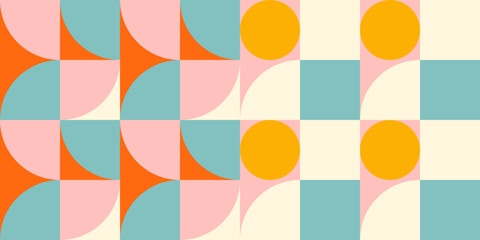 Retro geometric aesthetics. Bauhaus and avant-garde inspired vector background with abstract simple shapes like circle, square, semi circle. Colorful pattern in nostalgic pastel colors. - 589101189