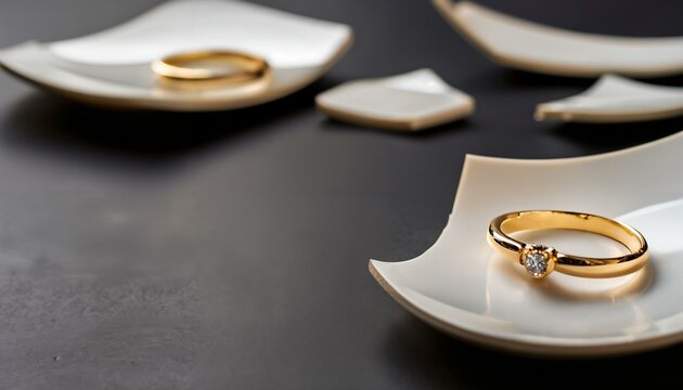 Two golden wedding ring lies between broken plates / shards. The image symbolizes the separation or divorce. Space for text.