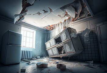 broken ceiling and falling refrigerator. Generative AI