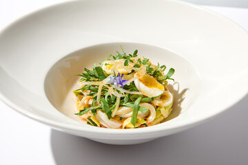 Healthy salad with squid and avocado on white plate with harsh shadows. Calamari salad with vegetables and eggs on white background with shadows of leaves. Summer food menu.