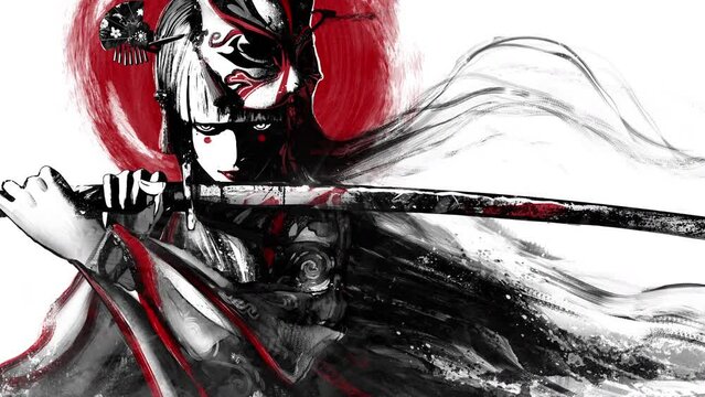 A charming young samurai girl with a fox mask on head and a sharp bloody katana in her hands, she looks straight into eyes in a fighting stance wearing a kimono with patterns. approaching 2d animation