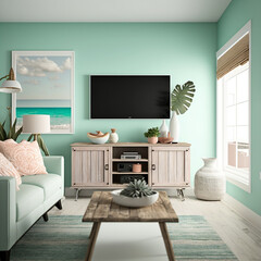 A beachy living room design with light wood cabinets and a seafoam green wall background for the TV, frontal view. created by generative ai