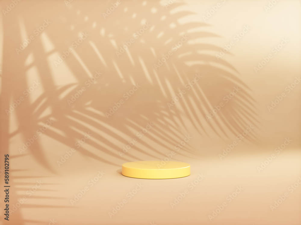 Aufkleber Summer podium backdrop for product display with tropical palm leaf shadow. 3d rendering.