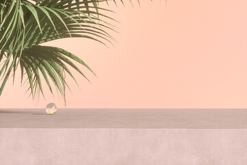 Summer podium backdrop for product display with tropical palm leaf. 3d rendering.