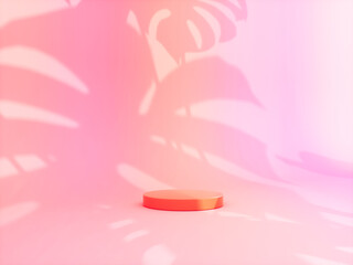 Summer podium backdrop for product display with tropical palm leaf shadow. 3d rendering.