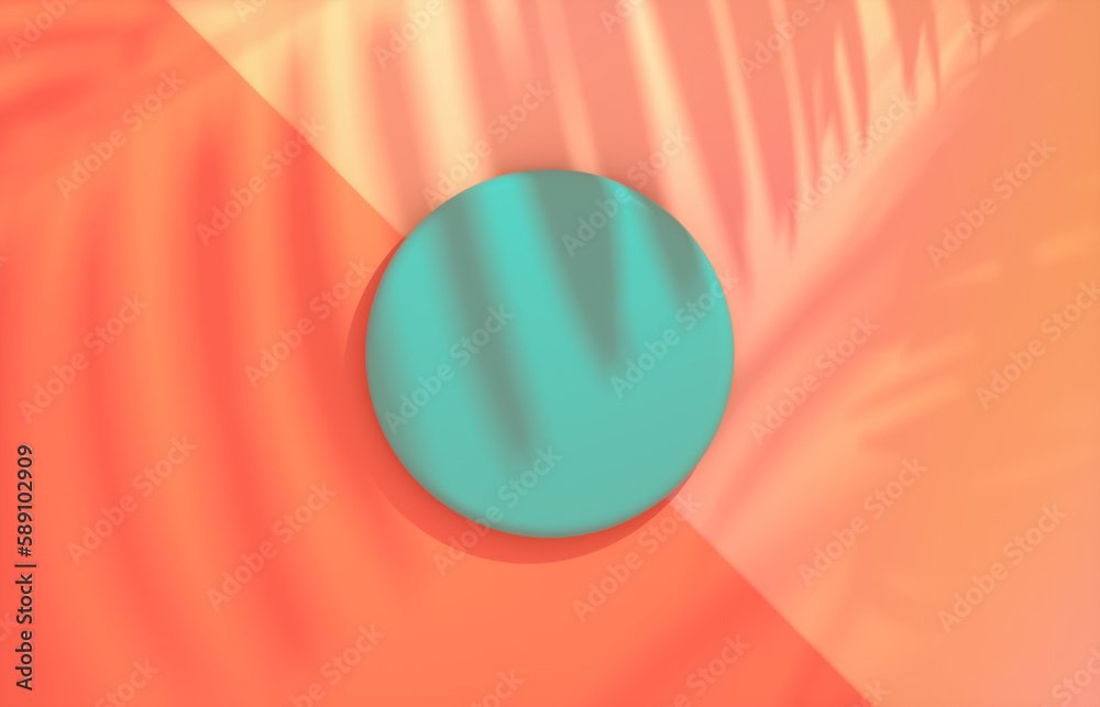Aufkleber Summer podium backdrop for product display with tropical palm leaf shadow. 3d rendering. top view.