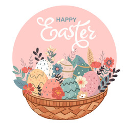 Poster with silhouettes of rabbits, spring flowers and colored eggs. Vector flat illustration. Holiday banner, flyer or congratulations voucher, brochure template layout.