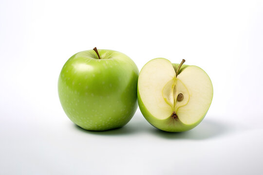 Whole and slice green apples isolated on white background. Created with Generative AI Technology